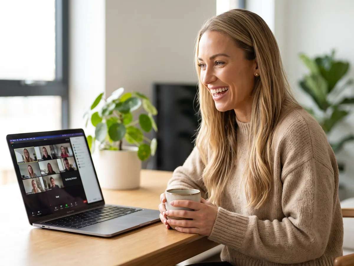 Nell laughing on a video call with clients from her kitchen table