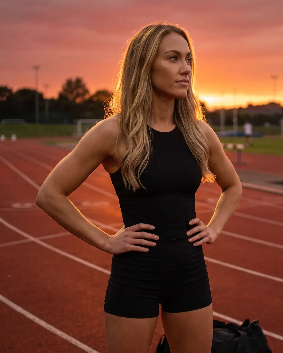 Nell standing on an athletics track at sunset